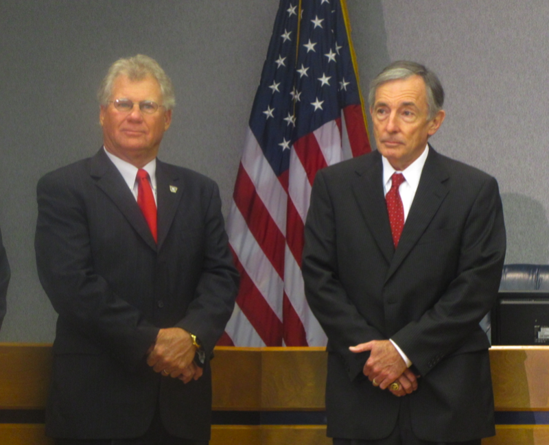 J.R. Howard, right, stands beside Arkansas State Police commission chairman John W. Allison during a news conference introducing Howard as the new director of the state police.