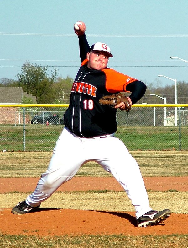 Webb on the mound — Gravette junior Brennon Webb winds up to let go of a pitch against the Gentry Pioneers in Gentry on April 5. 