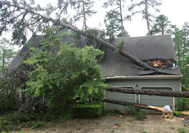 Insurance agent Jay Van Dover works to remove a tree from a client’s driveway Friday on Evergreen Drive in Little Rock. 