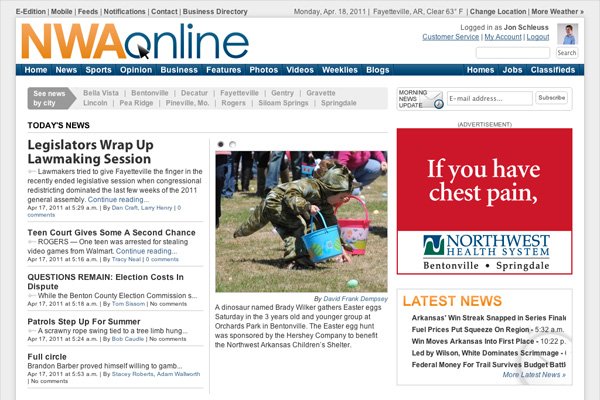 A screenshot shows the newly redesigned NWAonline.com, featuring news coverage by Northwest Arkansas Newspapers, LLC.