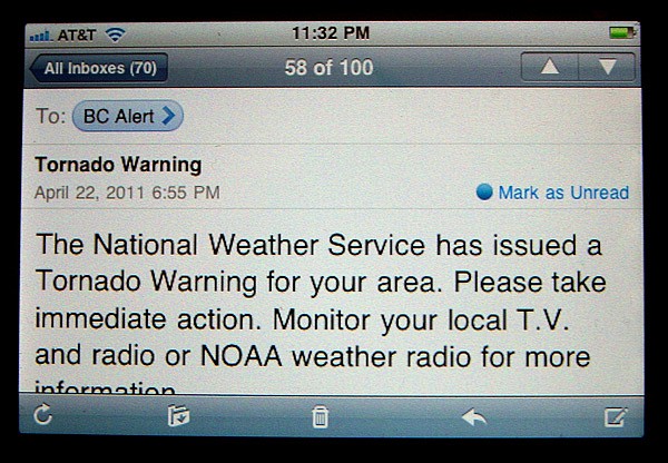 The Benton County Alert System sends text messages and e-mail messages like the one above to warn residents in the event of an emergency.