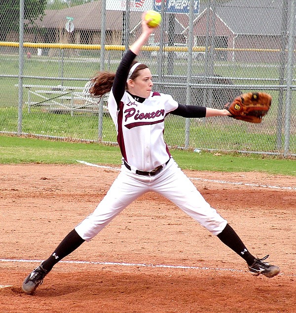 Gentry senior Sarah Hogan throws a pitch in the final inning of play against Berryville on Tuesday. The game marked the end of regular season play, and the girls finished with a big win. 