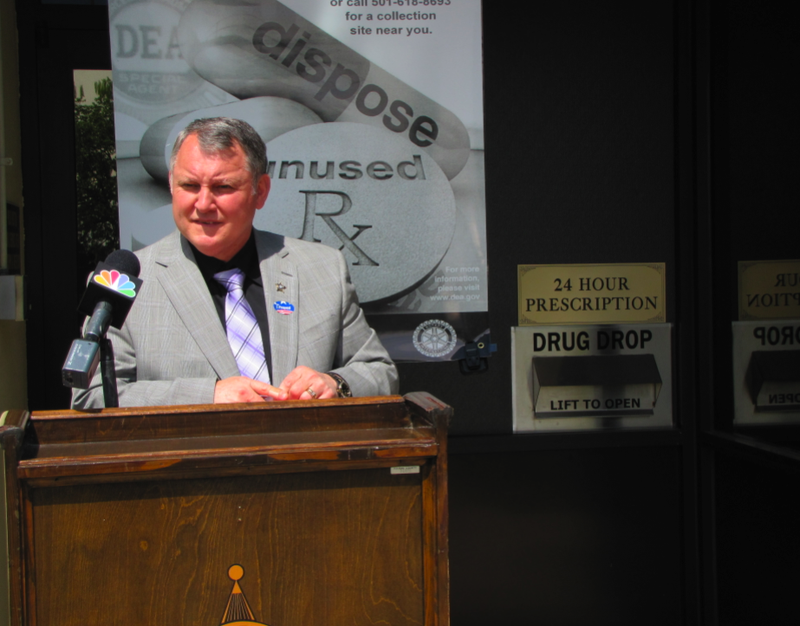 Pulaski County Sheriff Doc Holladay prepares to speak at a news conference Thursday announcing the results of a prescription drug take-back event last month. 