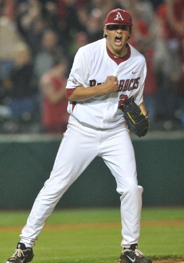 Arkansas Democrat-Gazette/MICHAEL WOODS - 05/05/2011 - University of Arkansas pitcher DJ Baxendale reacts after the final out as the Razorbacks beat Florida 4-3 in Thursday night's game at Baum Stadium in Fayetteville.