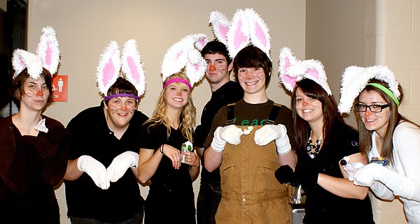 These bunnies, members of the forensics class at Gravette High School, helped promote recycling during a presentation for students at Glenn Duffy Elementary School. From the left are Radiance Beltz, Michael Henderson, Jordan White, David Carnahan, Sayer Smith, Kayla Holliday and Molly Leemasters. 