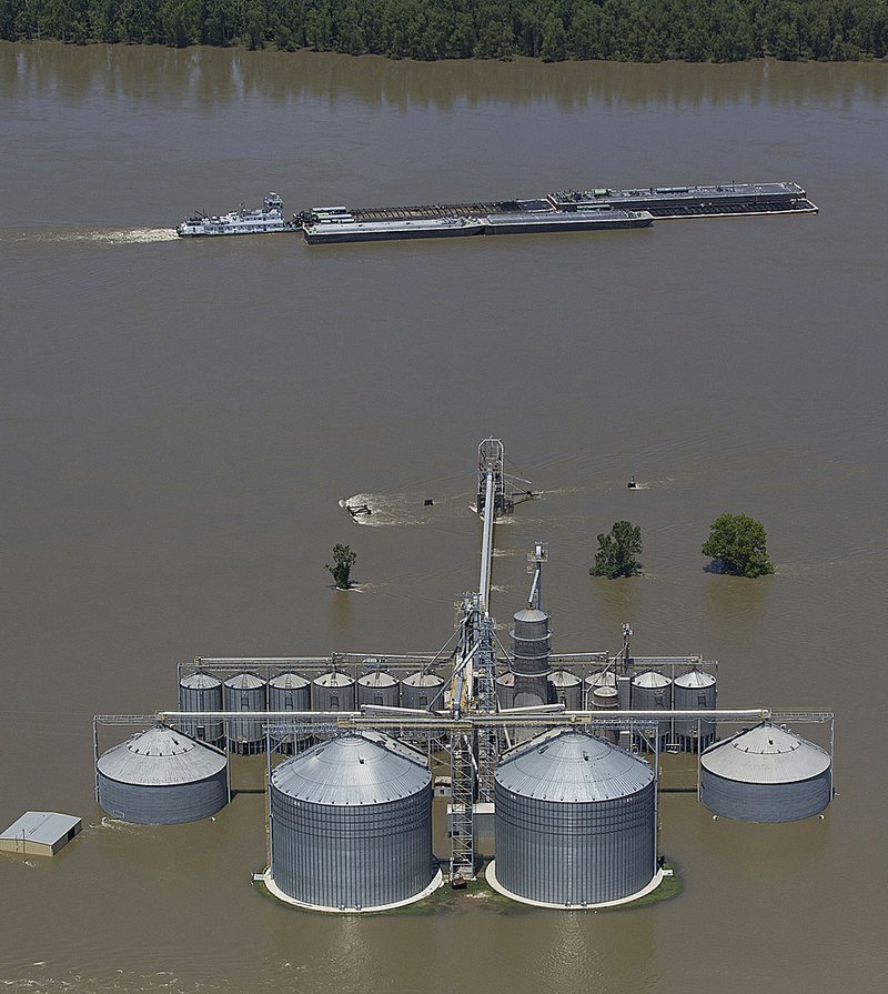 A barge tow moves down the swollen Mississippi River on Tuesday near Natchez, Miss., where barge traffic was halted for a while on concerns the vessels’ wakes were threatening levees. 
