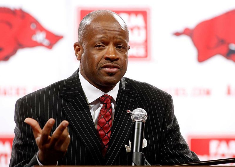  
Mike Anderson press conference at Bud Walton Arena in Fayetteville
Mike Anderson speaks during a news conference introducing him as the new men's basketball coach inside Bud Walton Arena at the University of Arkansas in Fayetteville on Saturday, March 26, 2011.