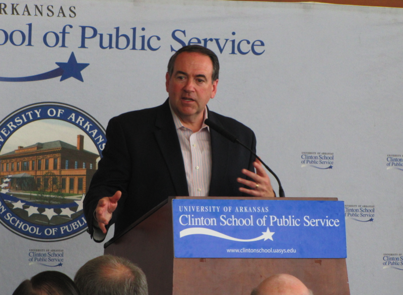 Former Arkansas Gov. Mike Huckabee speaks during a lecture at the Clinton Presidential Center Wednesday.