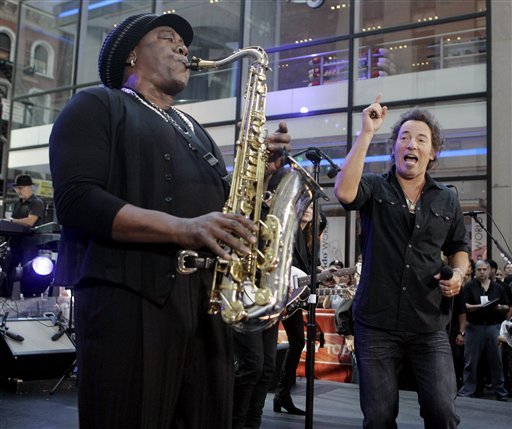 In this Friday Sept. 28, 2007 file picture, Clarence Clemons, left, and Bruce Springsteen, right, perform on the NBC "Today" television program in New York's Rockefeller Center. 