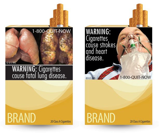 These images provided by the U.S. Food and Drug Administration on Tuesday, June 21, 2011, show two of nine new warning labels cigarette makers will have to use by the fall of 2012.