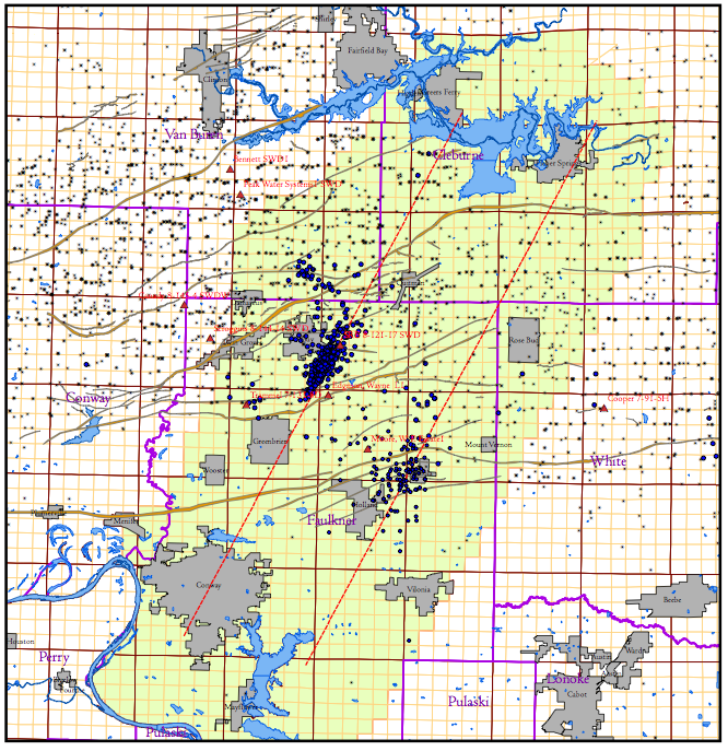 A map provided by the Arkansas Oil and Gas Commission shows in yellow a proposed moratorium area for disposal wells.
