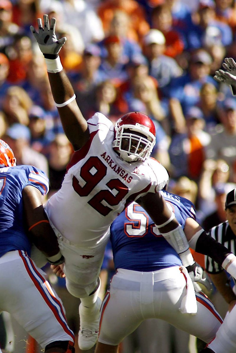  Arkansas Democrat-Gazette/JASON IVESTER 10-17-09
Arkansas @ Florida football
Arkansas defensive lineman DeQuinta Jones (92) leaps in attempt to block a field goal attempt against Florida on Saturday, Oct. 17, 2009 at Ben Hill Giffin Stadium in Gainesville, Fla.