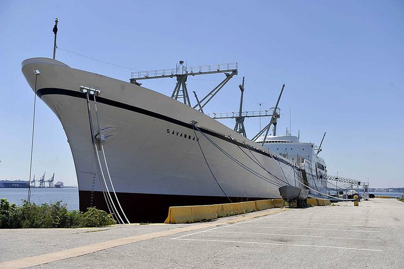 The N.S. Savannah, the only nuclear-powered cargo and passenger ship built in the United States, sits moored in retirement in Baltimore. 