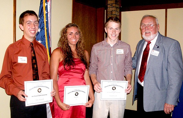 Recipients of MOAA scholarships are, from the left, Daniel Poemoceah, Loren Lee Cripps, and Conner Cockrell, with Pete Hieronimus, MOAA treasurer.