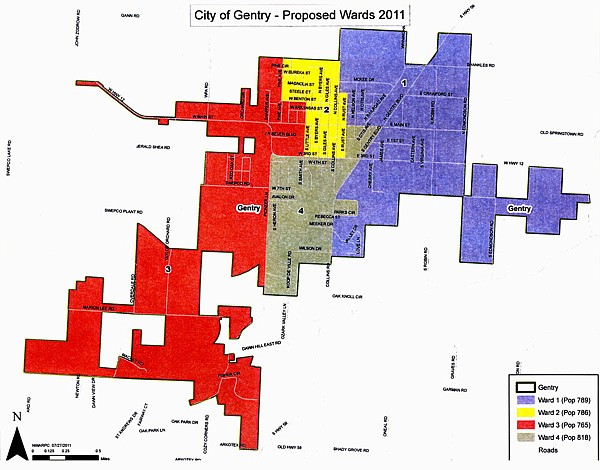 The above chart, prepared by the Northwest Arkansas Regional Planning Commission, shows new proposed ward boundary lines which would equalize population numbers among Gentry's four wards.