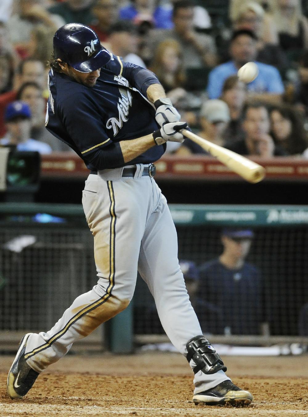 Milwaukee Brewers' Ryan Braun connects for an RBI single in the seventh inning of a baseball game against the Houston Astros, Sunday, Sept. 4, 2011, in Houston. The Brewers won 4-0 to sweep the Astros. (AP Photo/Pat Sullivan)