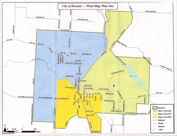 Decatur's city council approved new ward boundaries, as drawn above, to comply with state law which requires population numbers be equalized between wards. The 2010 Census numbers made the council action necessary.
