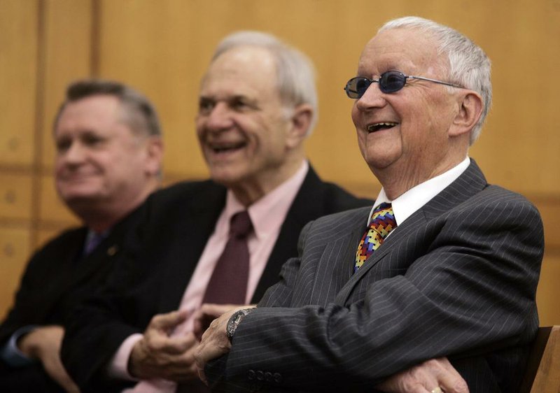 Arkansas Democrat-Gazette/WILLIAM MOORE
From right, former U.S. Congressman John Paul Hammerschmidt, former U.S. Senator and Arkansas Governor David Pryor and University of Arkansas Chancellor David Gearhart laugh as they listen to remarks by Tom Dillard, Head of Special Collections (not pictured), during a ceremony to mark the opening of Congressman Hammerschmidt's public papers Wednesday, September 14, 2011 in the Mullins Library on the University of Arkansas campus in Fayetteville.