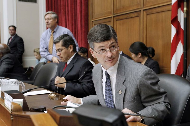 Supercommittee co-chair, Rep. Jeb Hensarling, R-Texas, right, begins a hearing of the Joint Select Committee on Deficit Reduction, Thursday, Sept. 22, 2011, on Capitol Hill in Washington. From right are: Hensarling, Rep. Xavier Becerra, D-Calif., and Rep. Fred Upton, R-Mich. (AP Photo/J. Scott Applewhite)