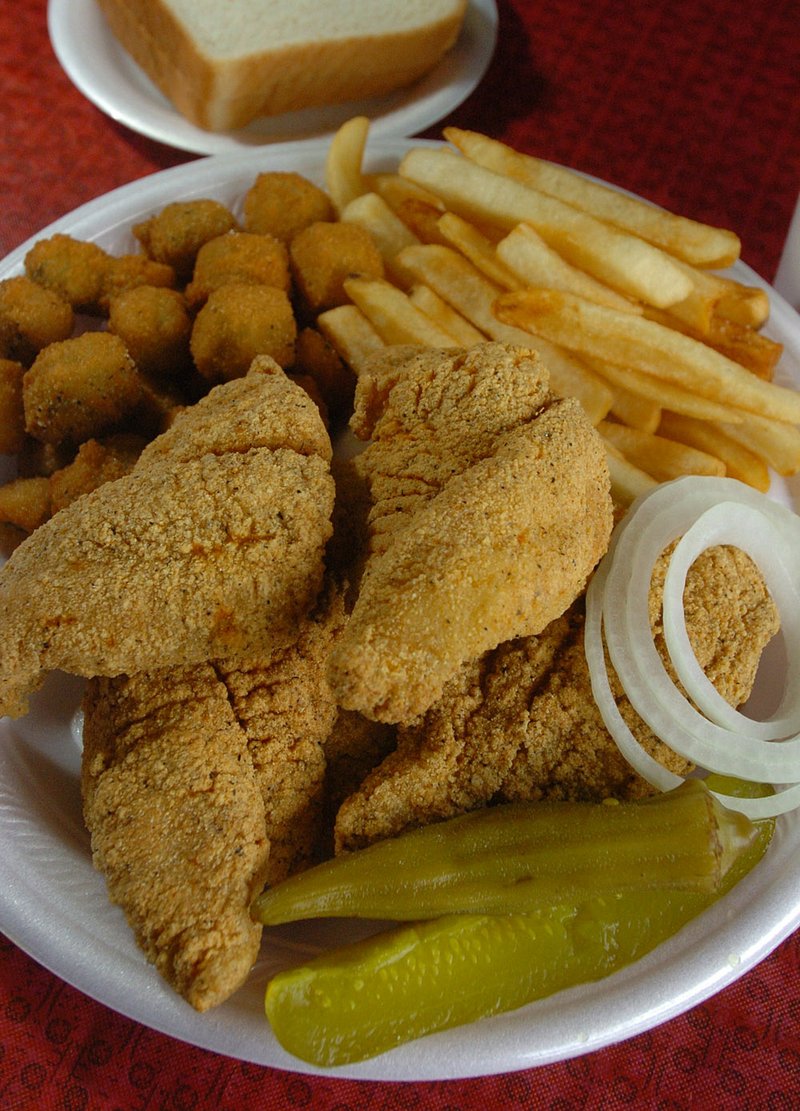 The catfish dinner with fried okra and fries at Stevie's Fish and Chicken restaurant, 1719 Arkansas Highway 161.