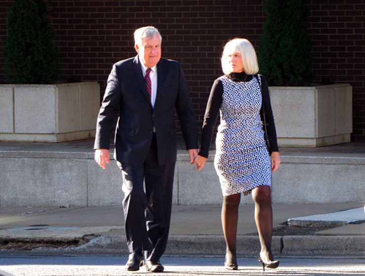 Lu Hardin arrives at the federal courthouse in Little Rock on Monday morning with his wife, Mary.