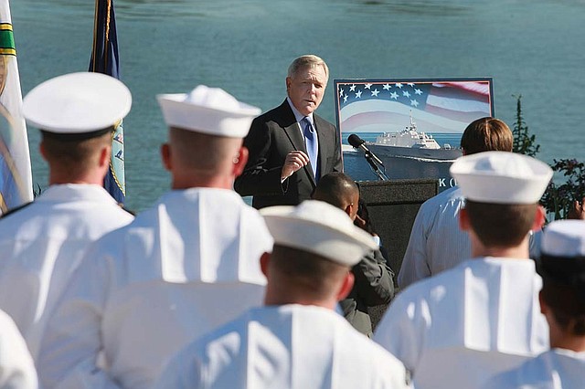   Ray Mabus, U.S. Secretary of the Navy, makes some remarks during a ceremony honoring the naming of the future USS Little Rock, a Littoral Combat Ship Class, in Riverfront Park in Little Rock in 2011.