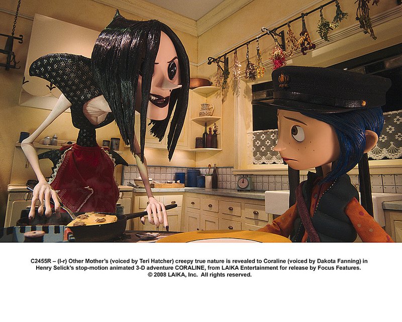 The creepy true nature of Other Mother (voiced by Teri Hatcher) is revealed to Coraline (Dakota Fanning) in Coraline. The stop-motion, animated adventure airs at 7 p.m. today on ABC Family. 