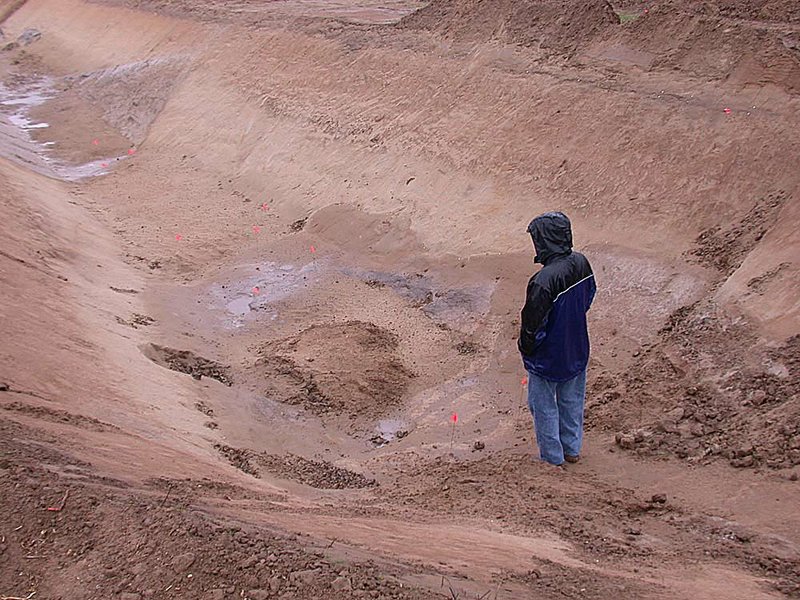  Land owner John McClendon stands in a trench in his soybean field 
near Marianna. Geologists cut the trench to find evidence of two 
large prehistoric earthquakes. (ARKANSAS DEMOCRAT-GAZETTE/ Kenneth 
Heard) Oct. 18,2011.          