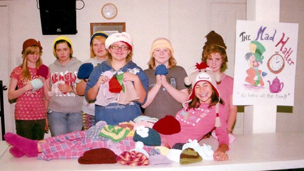 Girl Scouts enjoyed tea and a knitting party. Pictured are Brooke Smith (front), Rachel Jones (left), Christy Bramel, Trista Carey, Emily Pierce, Taylor Smith and Millie Bramel.
