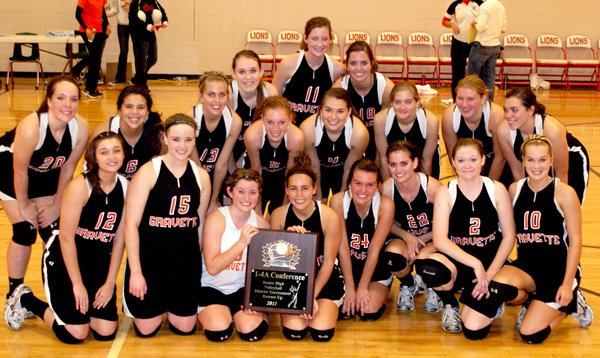 Gravette's Lady Lions Volleyball team are shown with the runner-up plaque won in the District 4A-1 tournment held last week in Gravette. Coach Robin Cannon's girls finished with a 13-5 season record and are seeded number 2 in the Class 4A state tournament this week. Front row, left to right, Cassie Murray, Jessica Bayley, Whitney DeWitt, Shelby Frey, Kayla Harrelson, Amanda White, Rebecca Morris, Shyanne Nichols; second row, Nicole Springer, Adriana Olvera, Jacquelynn Janes, Kendra Meeker, Tanner Bryson, Kourtney Bunch, Rebekah Rambadt, Kelsey Gregory; back row, Eden Morris, Destany Wishon and Monica White.
