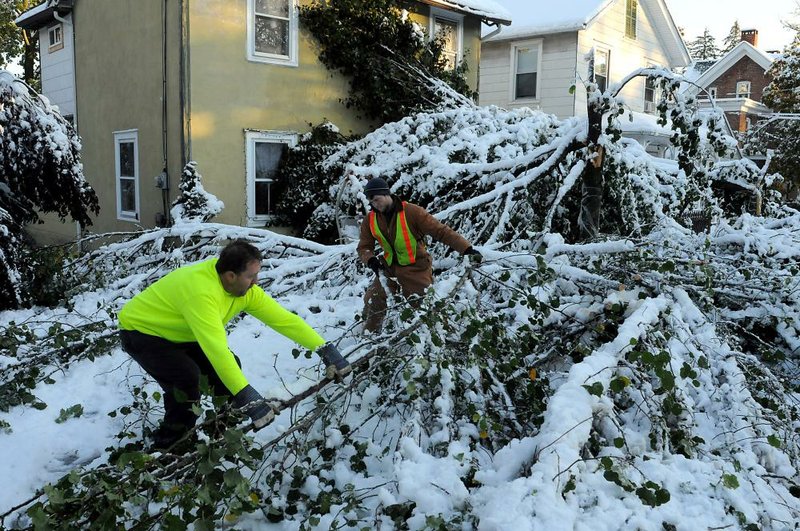 Department of Public Works employees Tom Vesely (left) and John Lewis clear a tree off a house Sunday on Hudson Street in Cornwall-on-Hudson, N.Y. 