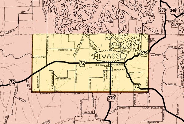 The area within the bold lines on the south, east and west is the proposed line for area which Bella Vista (to the north and east) wishes to annex into the newly incorporated city. If approved, Hiwasse would become a part of Bella Vista.
