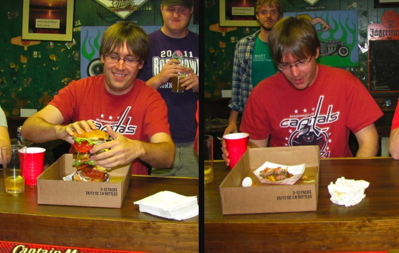 Online reporter Gavin Lesnick is seen before and after his unsuccessful attempt at the Midtown Burger Challenge.