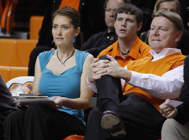 This Nov. 9, 2011, photo shows Oklahoman State women's basketball coach Kurt Budke, right, and assistant coach Miranda Serna during an an exhibition women's NCAA college basketball game against Fort Hays State, in Stillwater, Okla. 