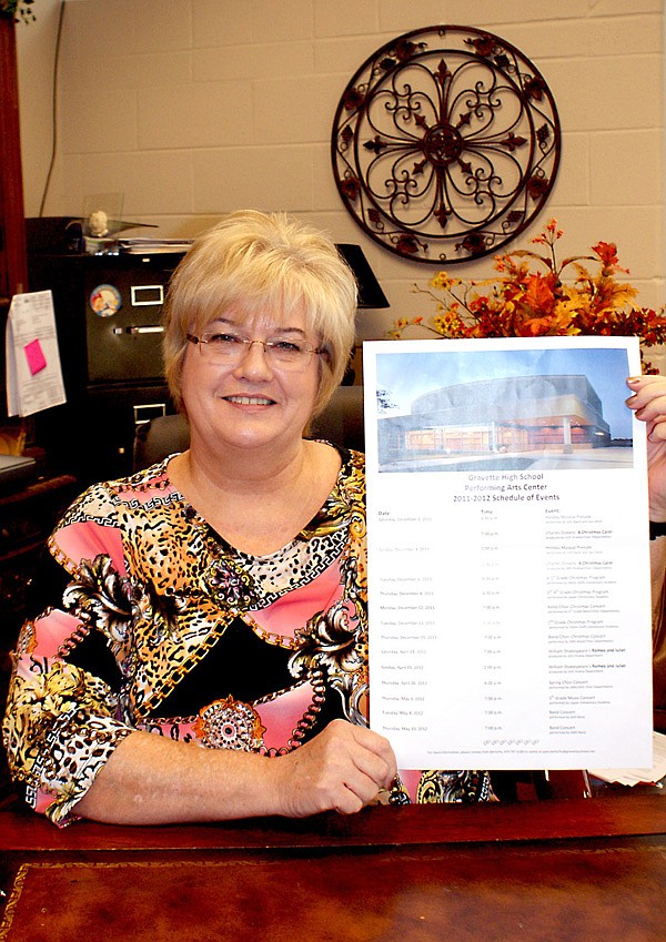 Gravette High School Principal Jo Ellen Hastings holds a poster that lists upcoming programs at the high school performing arts center during the coming months. The attractive posters are posted throughout the community and consulting the list below will enable persons to plan attendance at the events.