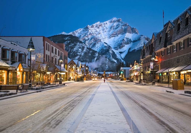 Evening view of main street of mountain town (Banff), Canadian Rockies.