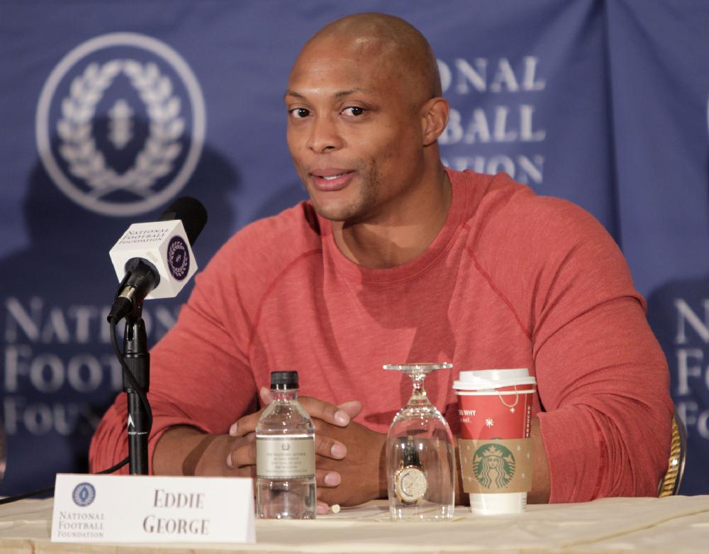 Former Ohio State running back Eddie George speaks during a news conference in New York, Tuesday, Dec. 6, 2011. George was one of 14 players and two coaches to be part of the 2011 College Football Hall of Fame class. (AP Photo/Seth Wenig)