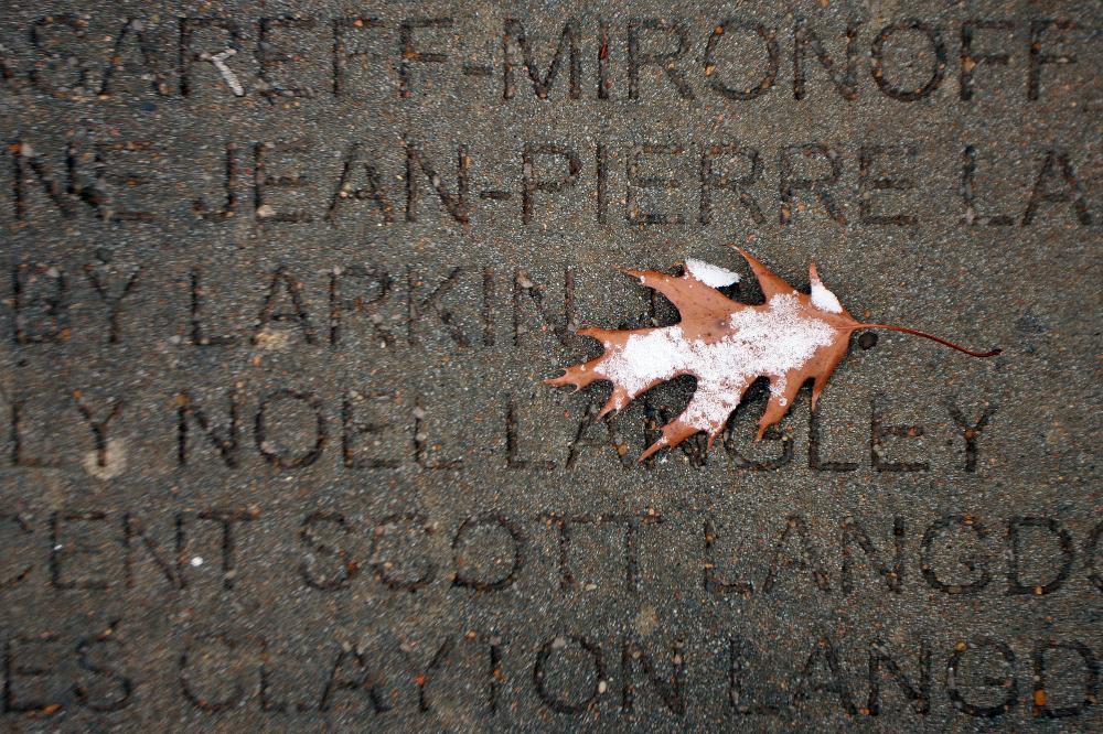 Arkansas Democrat-Gazette/WILLIAM MOORE
Snow rests on a fallen leaf on the walk in front of Old Main Tuesday, December 6, 2011 on the campus of the University of Arkansas in Fayetteville.