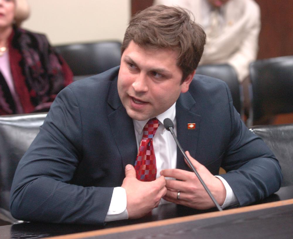 Arkansas Democrat-Gazette/STEVE KEESEE 2/22/10 State Rep. Jonathan Dismang, D-Beebe, seeking a delay on the state's lottery scholarship act vote in the House Select Committee on Rules Monday.