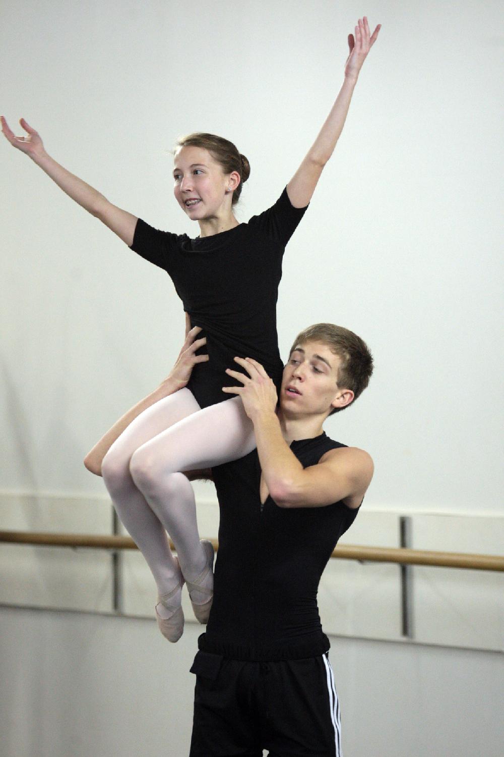 11/20/11
Arkansas Democrat-Gazette/STEPHEN B. THORNTON
Jake Catlett lifts Kathryn Latham, 14, on his shoulders as they rehearse  Ballet Arkansas' The Nutcracker Sunday afternoon at Shuffles & Ballet II in Little Rock.