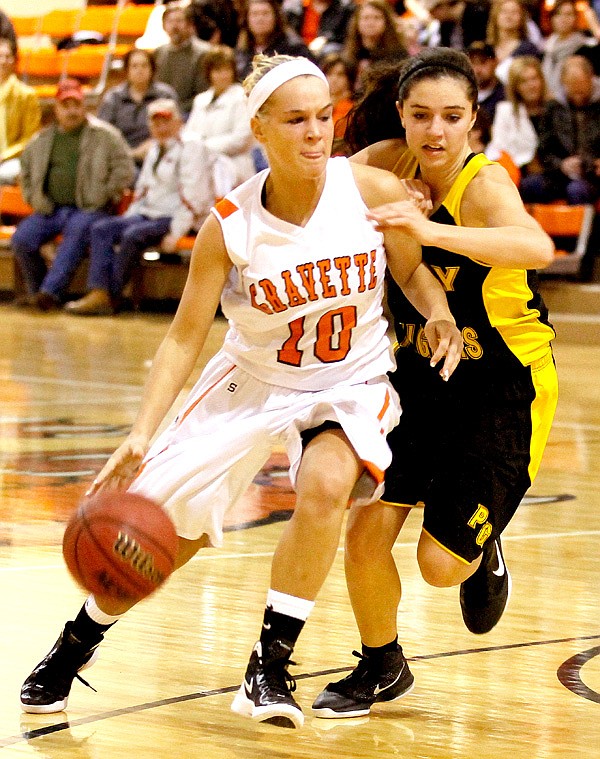 Gravette senior Shyanne Nichols moves the ball past a Prairie Grove defender during play on Friday.
