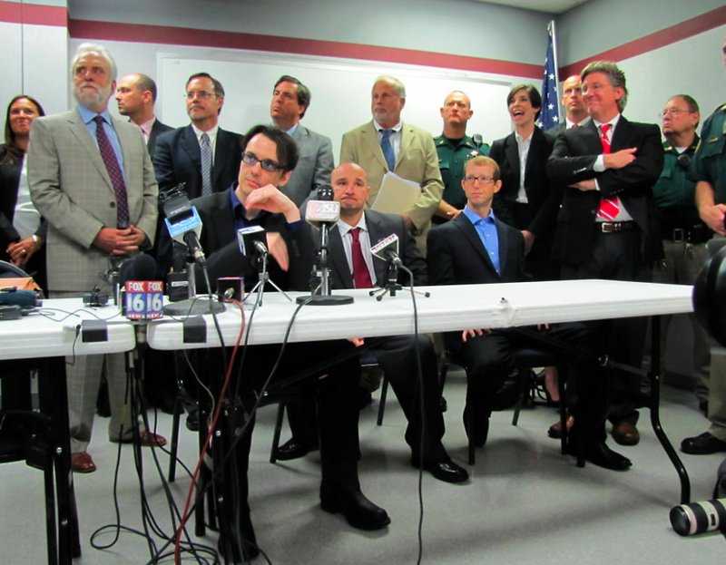 Damien Echols, Jesse Misskelley and Jason Baldwin prepare to speak to the media after being released August 19, 2011, following an 18-year imprisonment in the murder of three boys in 1993 in West Memphis, Arkansas.