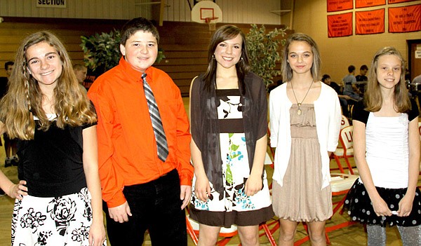 The Gravette Middle School Builder's Club recently sponsored a program honoring veterans. Officers of the club are, from the left, Jerica Brown, president; Hunter Graham, vice president; Kara Smith, secretary; Samantha Roth, reporter; and Kamilla Rollo, treasurer.