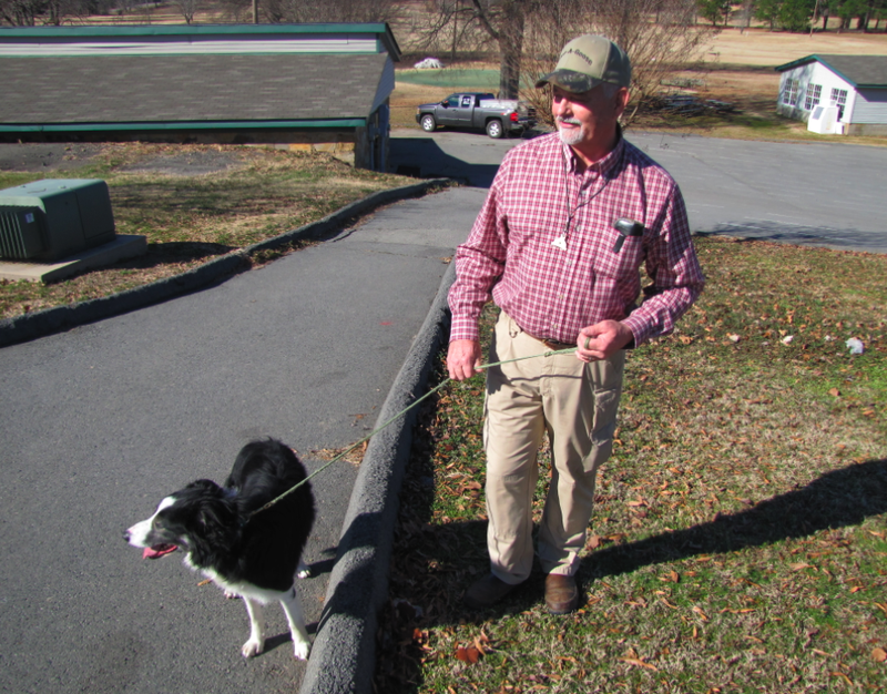 Gary Westbrook stands with Bud, one of his border collies who specializes in chasing geese. Westbrook was taking a break after he and two of his collies spent Thursday morning chasing all the geese from Burns Park.