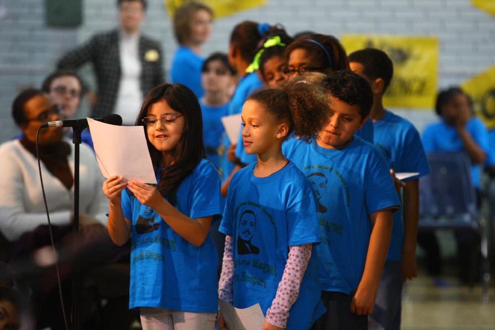 Arkansas Democrat-Gazette/STEPHEN B. THORNTON --1-13-12--
A presentation celebrating of Dr. King's life and work Friday afternoon at Booker Arts Magnet Elementary School in Little Rock. The musical play tin Luther King, Jr. The Story of a Dream