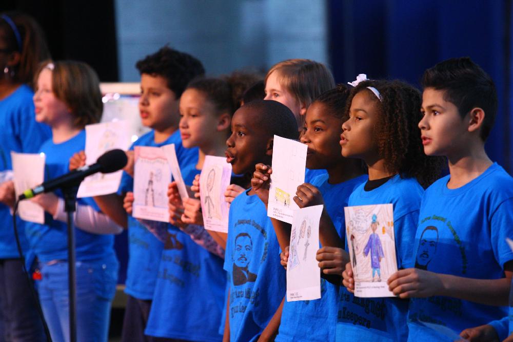 Arkansas Democrat-Gazette/STEPHEN B. THORNTON --1-13-12--
A presentation celebrating of Dr. King's life and work Friday afternoon at Booker Arts Magnet Elementary School in Little Rock. The musical play tin Luther King, Jr. The Story of a Dream