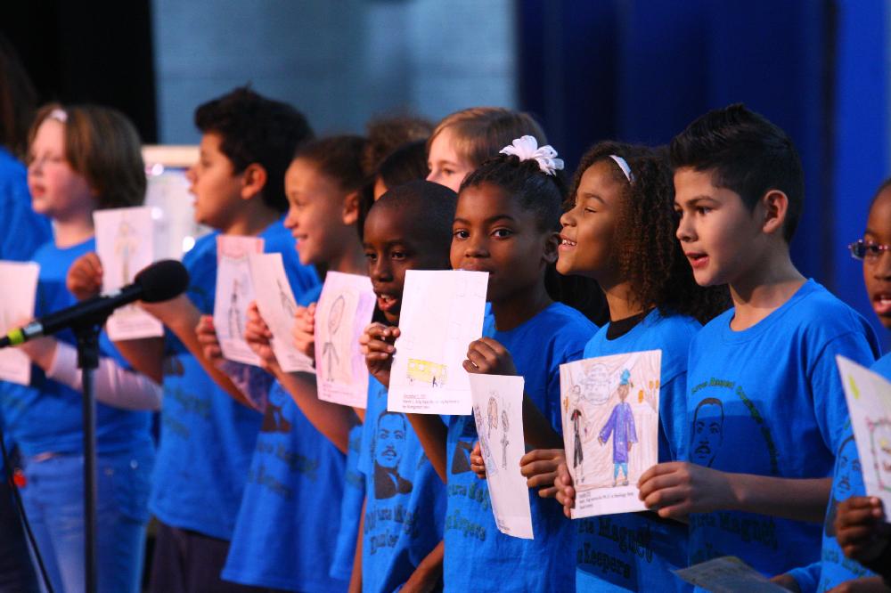 Arkansas Democrat-Gazette/STEPHEN B. THORNTON --1-13-12--
A presentation celebrating of Dr. King's life and work Friday afternoon at Booker Arts Magnet Elementary School in Little Rock. The musical play tin Luther King, Jr. The Story of a Dream