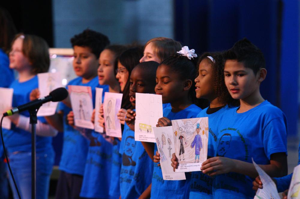 Arkansas Democrat-Gazette/STEPHEN B. THORNTON --1-13-12--
A presentation celebrating of Dr. King's life and work Friday afternoon at Booker Arts Magnet Elementary School in Little Rock. The musical play tin Luther King, Jr. The Story of a Dream