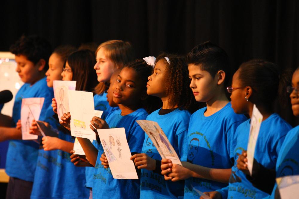 Arkansas Democrat-Gazette/STEPHEN B. THORNTON --1-13-12--
A presentation celebrating of Dr. King's life and work Friday afternoon at Booker Arts Magnet Elementary School in Little Rock. The musical play tin Luther King, Jr. The Story of a Dream