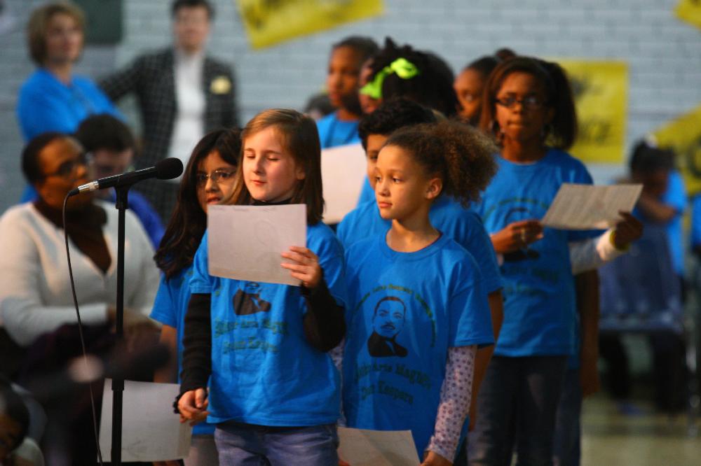Arkansas Democrat-Gazette/STEPHEN B. THORNTON --1-13-12--
A presentation celebrating of Dr. King's life and work Friday afternoon at Booker Arts Magnet Elementary School in Little Rock. The musical play tin Luther King, Jr. The Story of a Dream